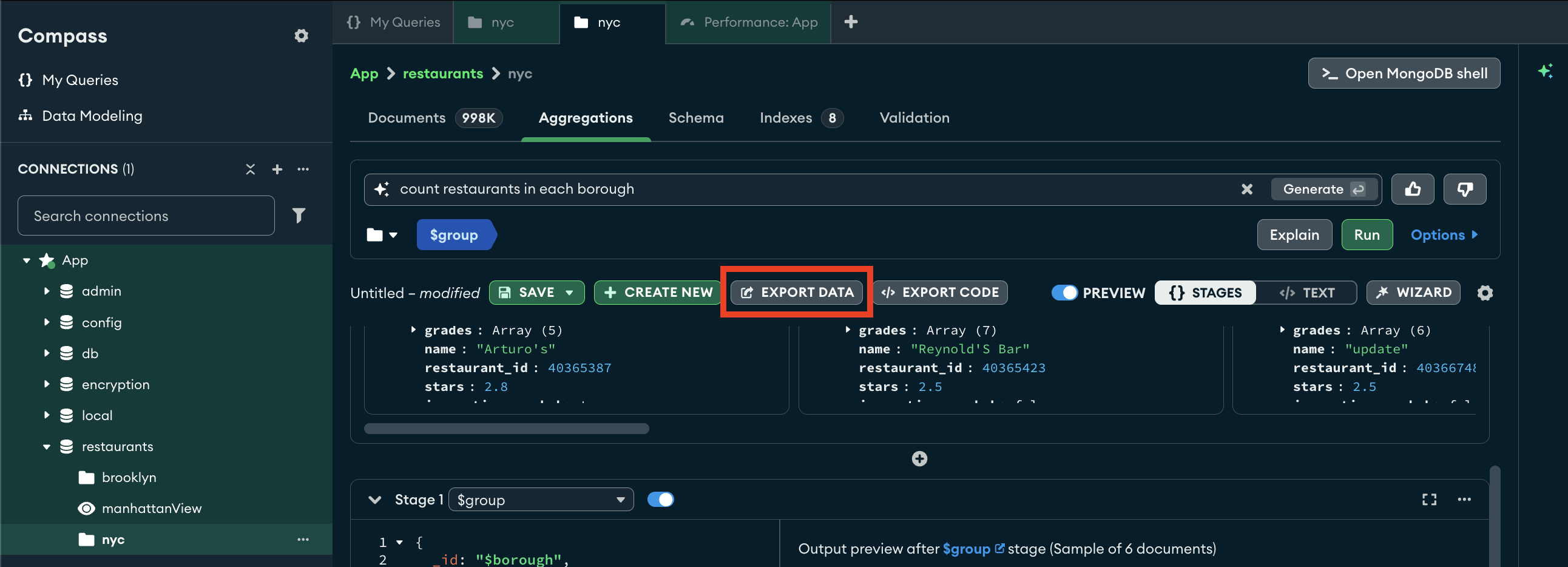Export button on aggregation pipeline
